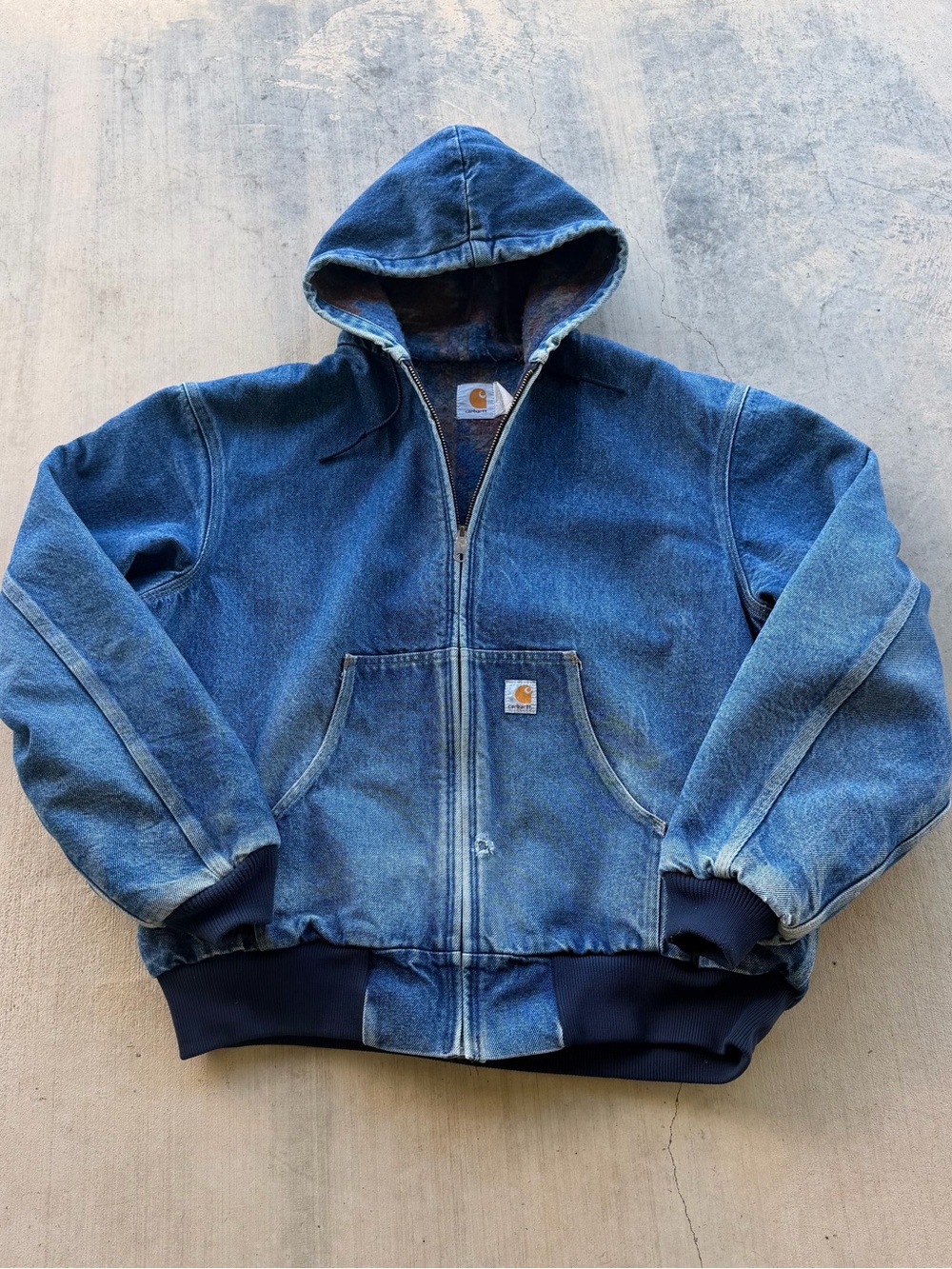 Vintage JB848 Carhartt Mens XL Blue Denim Hooded Jacket Aztec blanket lined